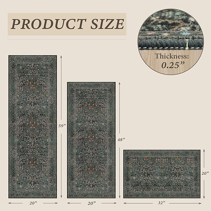 Black Green Kitchen Rug Set of 3, Washable Non-Slip Mats