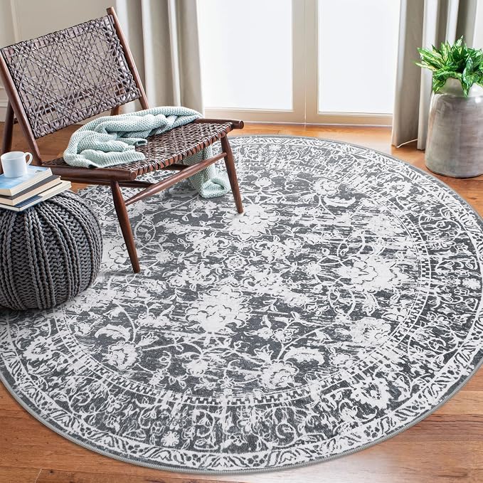KILOCOCO Area Rug 6ft Round Living Room Rug Washable Printed Vintage Floral