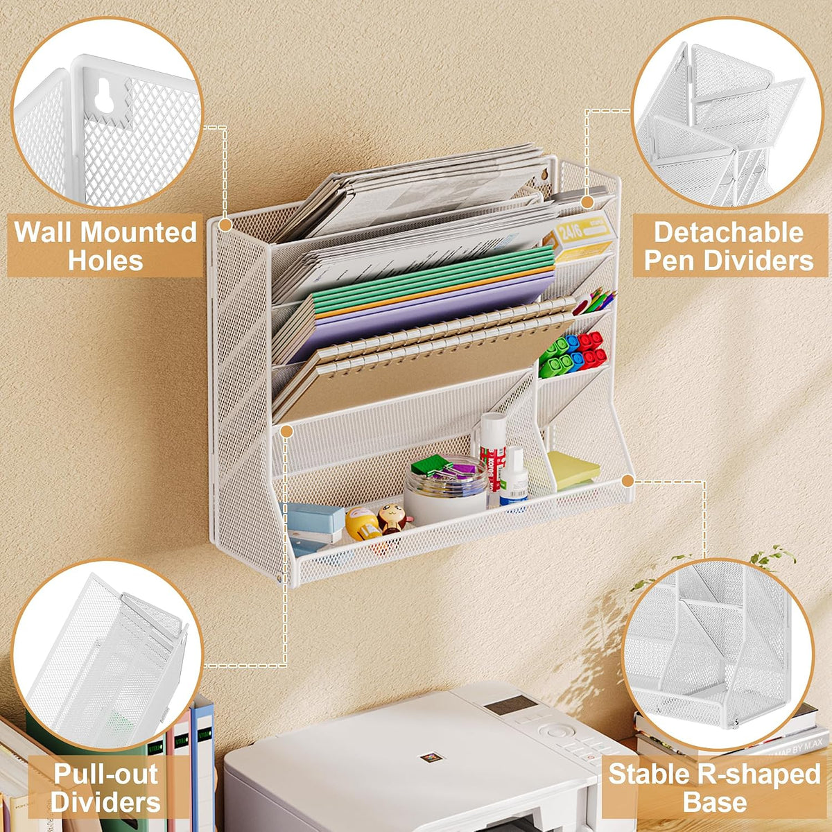Jakyitvi Adjustable 5 Tiers Wall File Organizer Metal Hanging Holder White