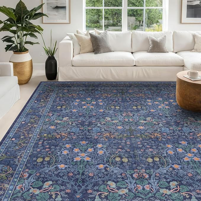 Washable Dark Blue Rug for Living Room