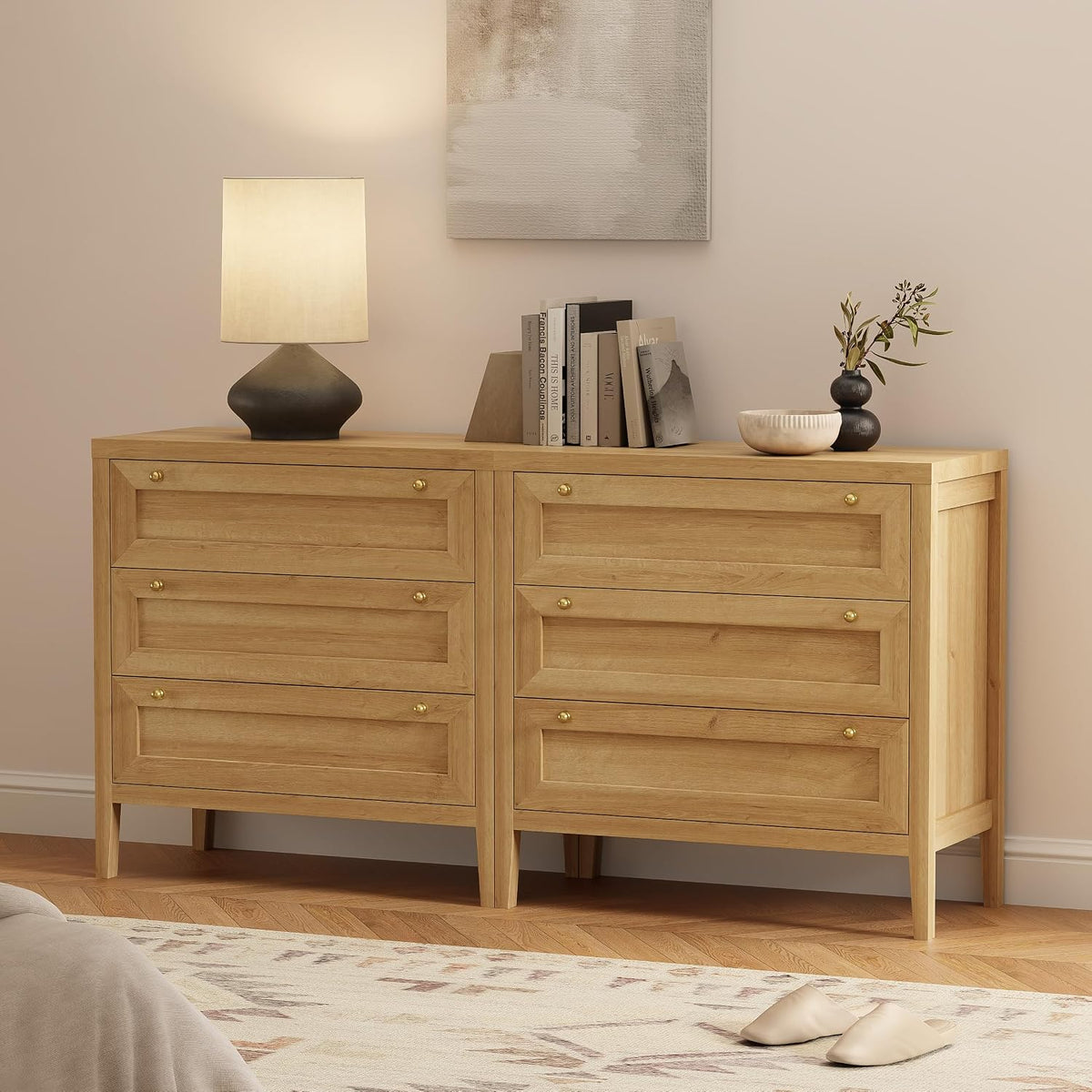 3 Drawers Dresser for Bedroom, Farmhouse Closet Storage Organizer with Golden Handles, Wooden Nightstand End Table for Living Room, Bedroom, Entryway, Hallway, Natural Oak