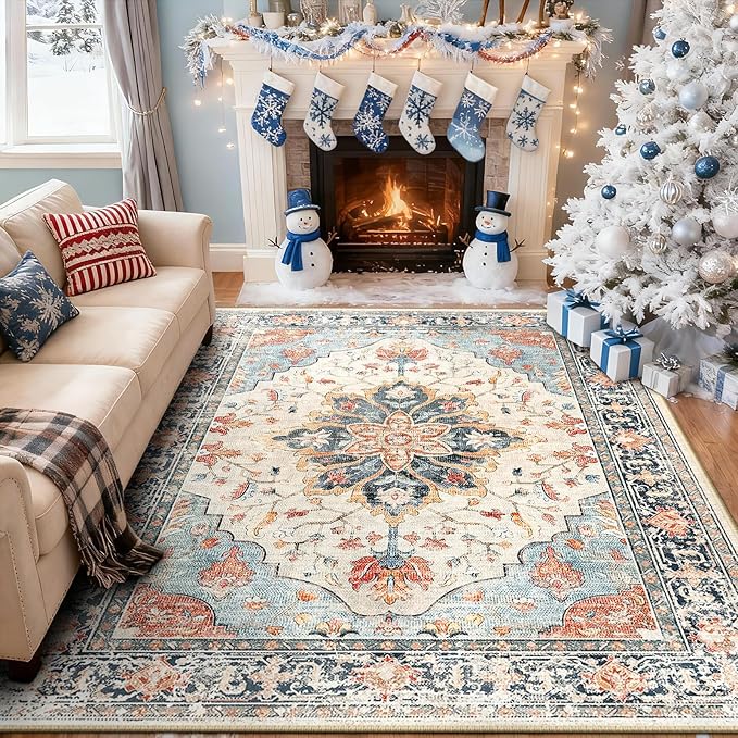 RELEANY Area Rugs 5'x7' Washable Non-Slip, Floral Vintage Distress Medallion