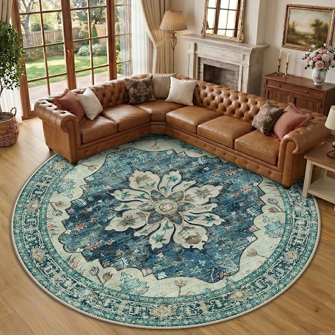 RELEANY Area Rugs Round 10ft Washable Non-Slip, Floral Vintage Distress