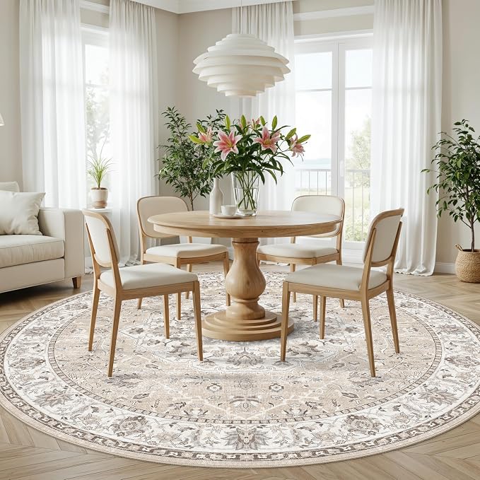 7x7 Living Room Area Rug: Washable Oriental Printed Soft Round Rug