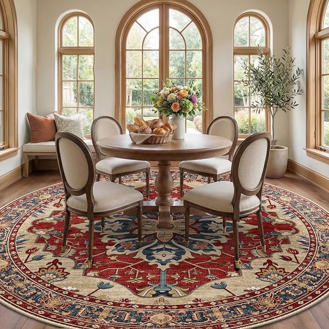 RELEANY Area Rugs Round 8ft Washable Non-Slip, Floral Vintage Distress