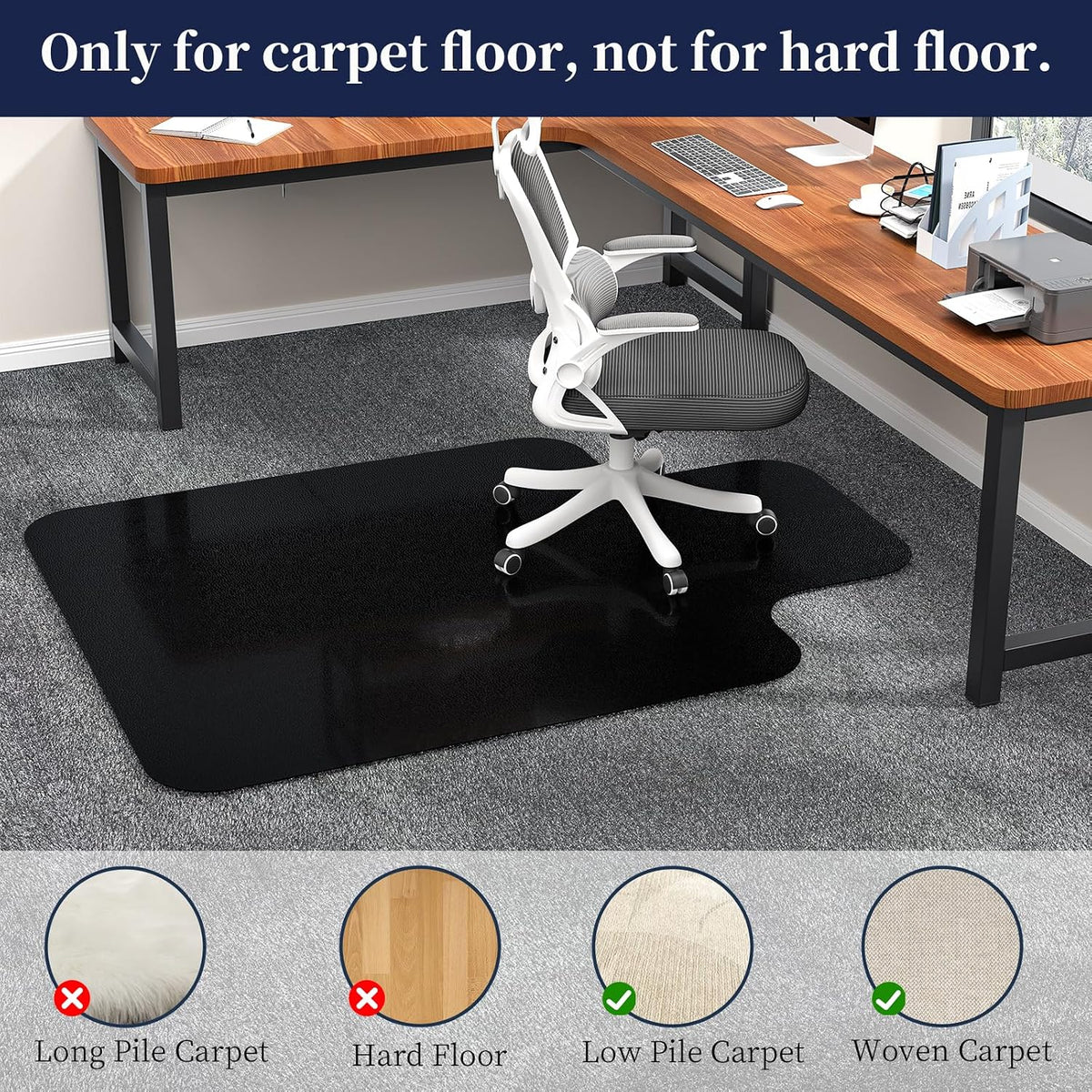 Desk Chair Mat for Low Pile Carpets, 36"x48" T-Shape, Black