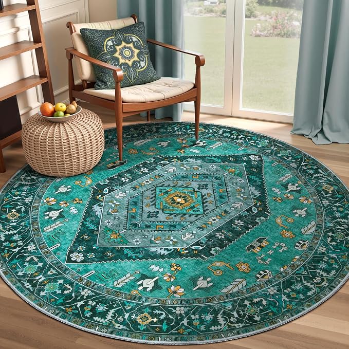 SERISSA Boho Round Area Rug, 4ft Washable Non-Slip Circle Rug, Ultra Soft