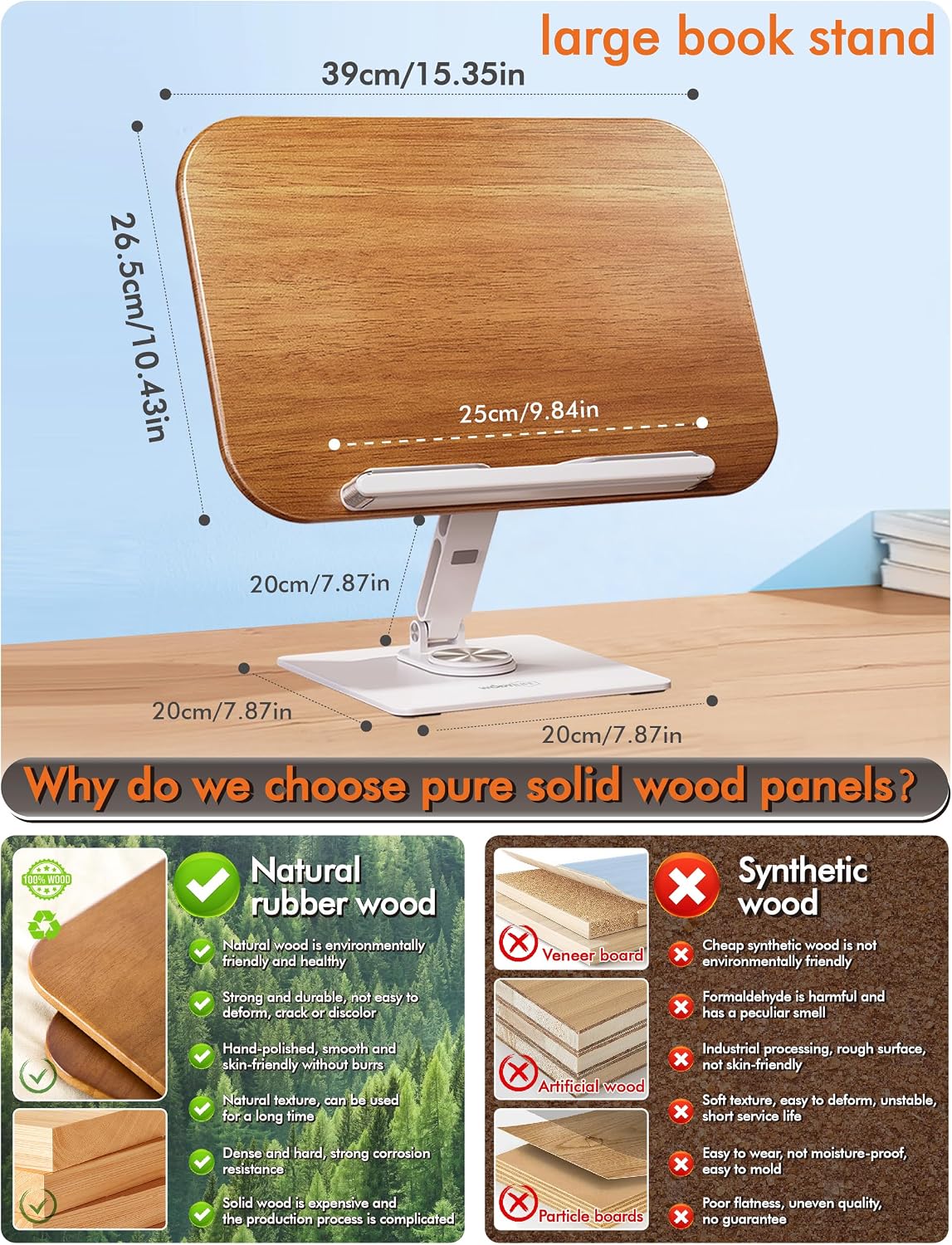 Book Stand for Reading, Adjustable Book Holder for Reading Hands Free, 360° Rotating Reading Stand, Large Rubberwood Cookbook & Bible Stand, Textbook Stand for Desk, Foldable Book Stand