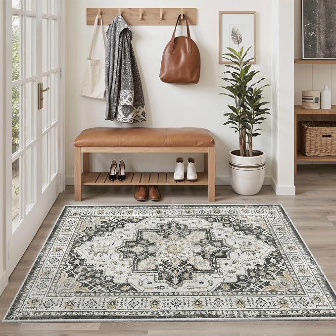 Madane Area Rug 4x6 Washable Rugs: Vintage Living Room Rug Soft Low Pile Non