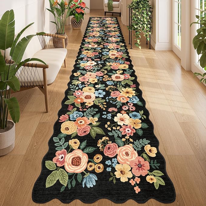 DUKINO 2.6x14 Runner Rug for Hallway, Non Slip Floral Washable Kitchen Rug