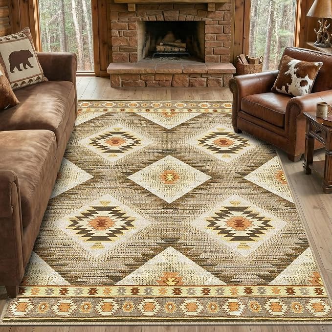 Area Rug 5x7 Rug Machine Washable Non-Slip Low Pile Print Pattern Western Rug