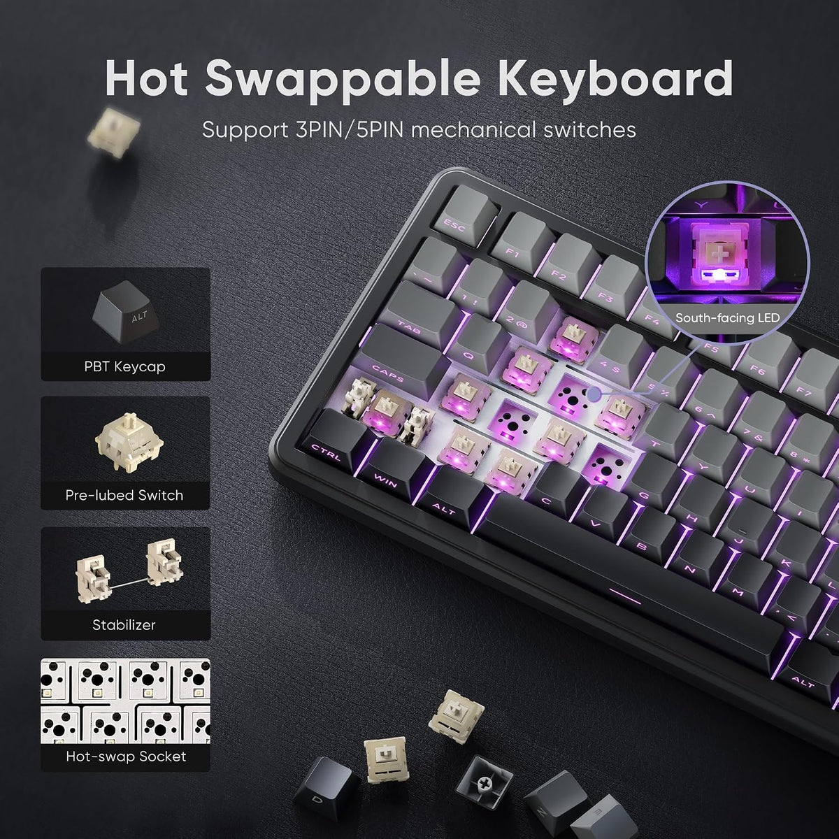 RedThunder K75 Wireless Mechanical Gaming Keyboard with Knob, 75% Layout Creamy Keyboard with Side RGB Light, Pre‑lubed Linear Switches, Side‑engraved PBT Keycaps, Wireless Wired BT 5.0, Gradient Gray