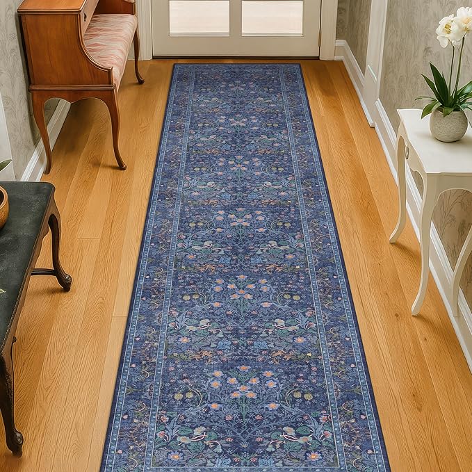 Dark Blue Washable 2x7 Runner Rug Non Slip