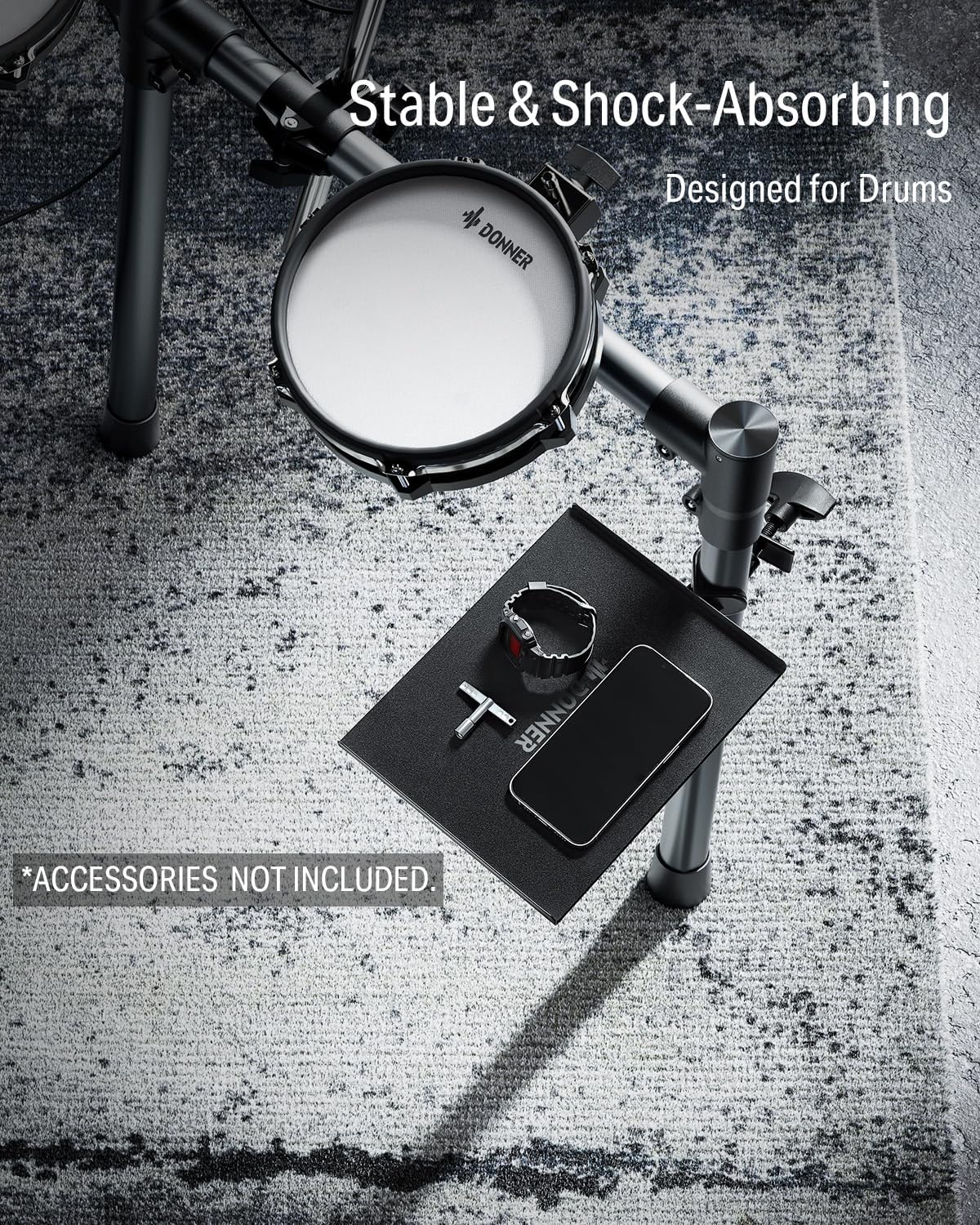 Donner Percussion Table for Drum Sets, Drum Accessory Holder Tray with Clamp On Shelf, Stable Flexible Microphone Stand with EVA Pad, Shock Absorbing, Large Surface
