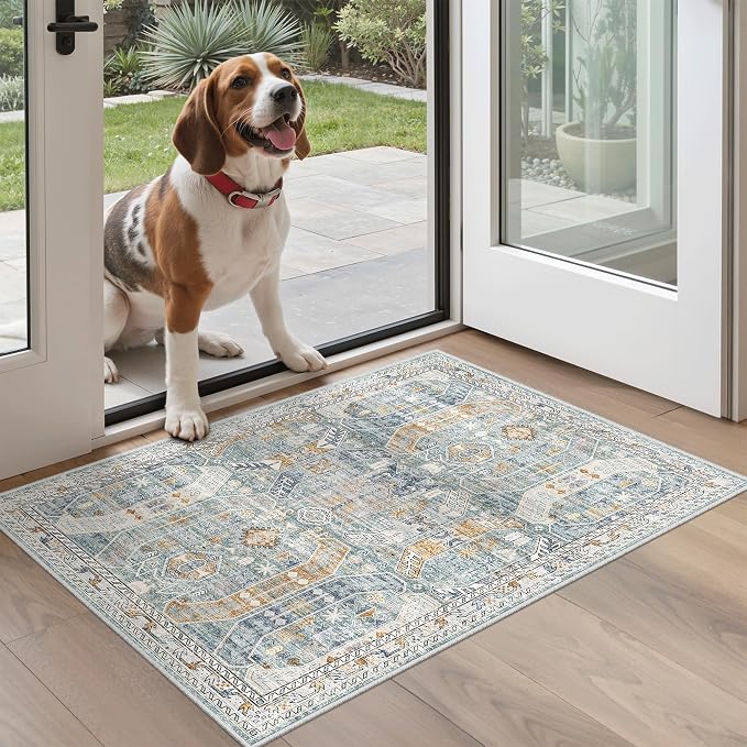 Madane Washable Area Rug 2x3, Small Entryway Rug Non-Slip Vintage Door Mat