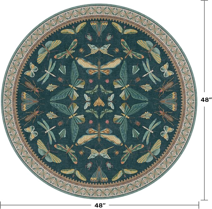 Teal Boho 4ft Round Area Rug, Washable Non Slip Insect & Floral Carpet