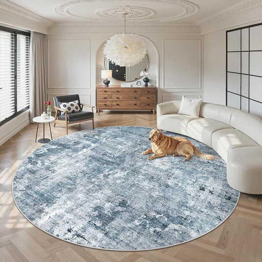 Soalmost 9x9 Blue/Grey Round Rug 9ft Living Room Circle Rug Vintage Round Area