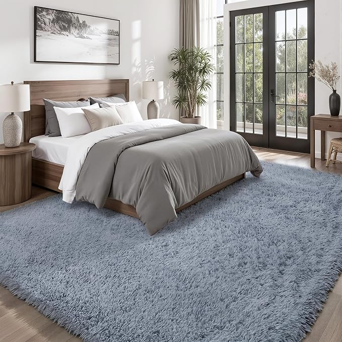 Area Rug for Living Room Bedroom: 8x10 Grey Soft Fluffy Shag Upgrade Non-Slip