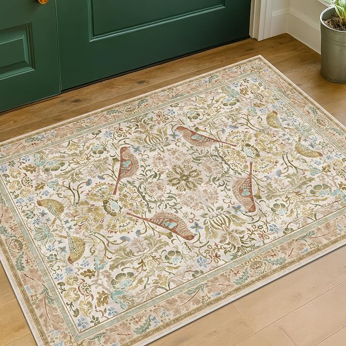 Beige Boho Bathroom Rugs 2x3 Washable Non Slip