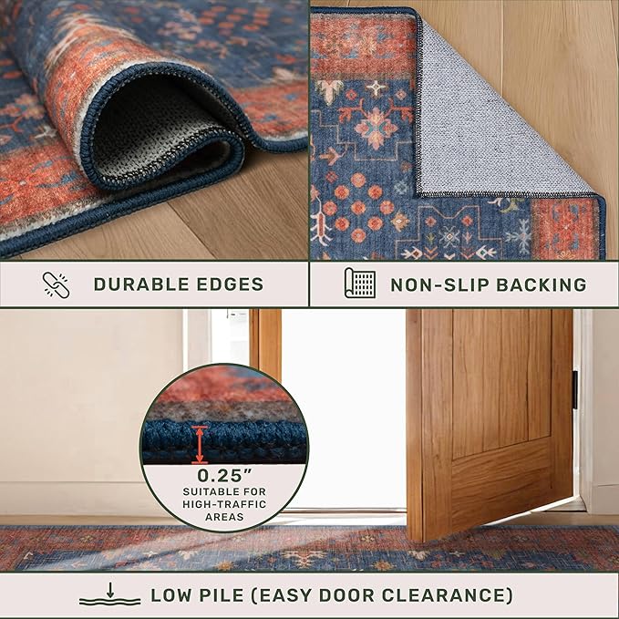 Navy Blue 2x8 Long Runner for Kitchen, 8ft Runner Rugs for Entryway, Washable