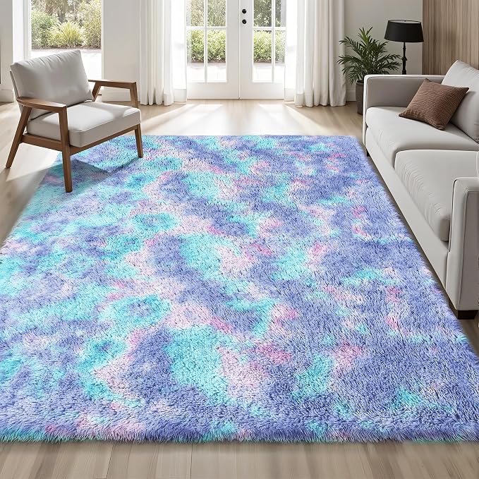 Rainbow Fluffy Rugs for Girls Bedroom: 6x9 Large Shag High Pile Area Rug