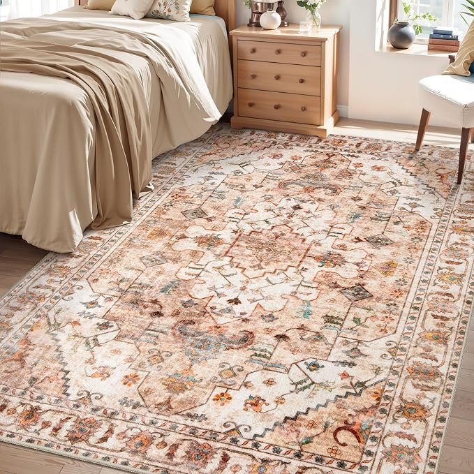 SERISSA 4x6 Boho Bedroom Rug, Washable Non Slip Vintage Peach Cream Area Rugs