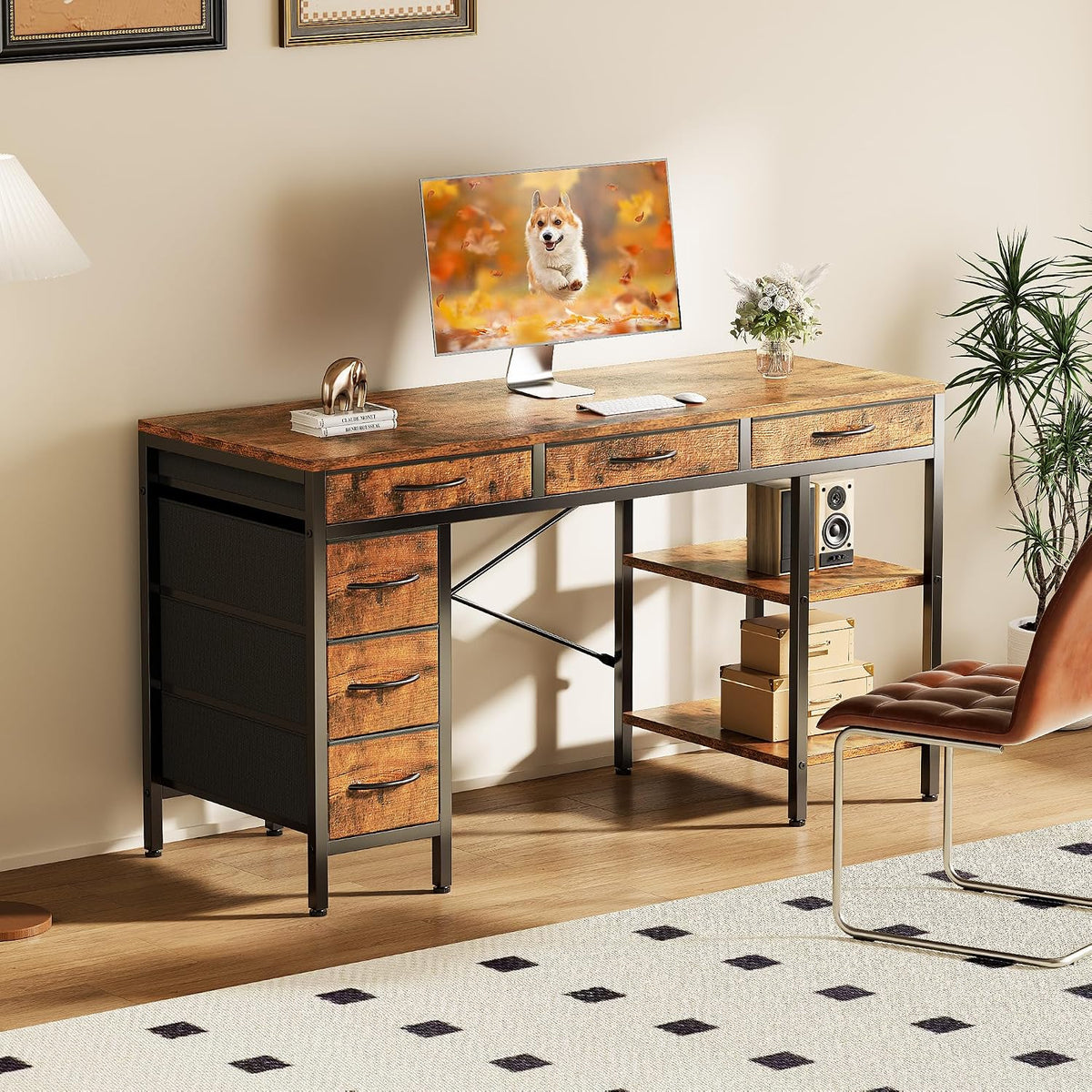 Sweetcrispy 55" Computer Desk with 6 Fabric Drawers & Storage Shelves