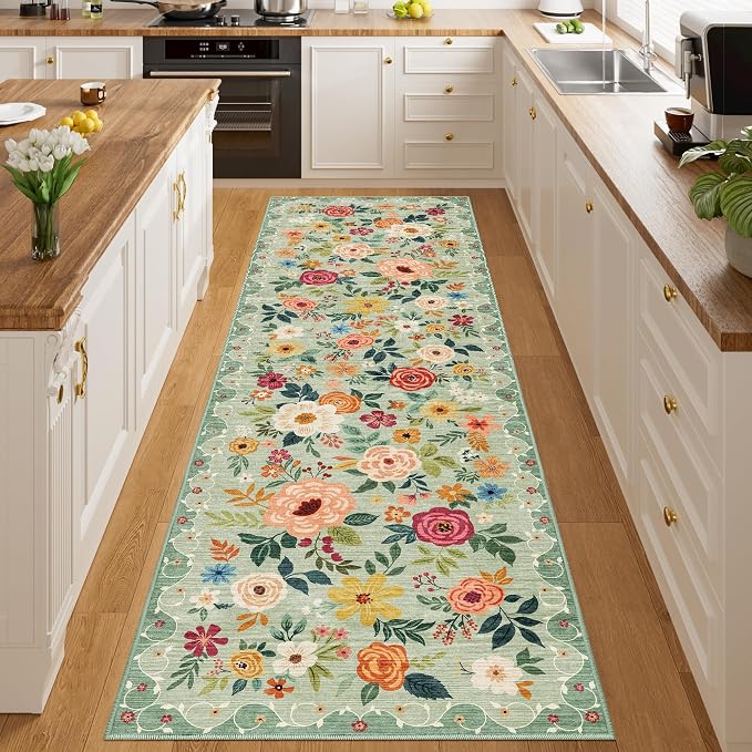 DUKINO 3x10 Runner Rug for Hallway, Washable Kitchen Floral Runner Rug