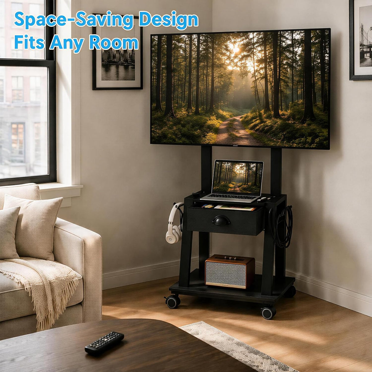 Mobile TV Stand with Drawer for 23-60 Inch TVs,Tilt Rolling TV Cart on Wheels with 2 Shelves Adjustable Height Portable TV Stand for Bedroom/Living Room Holds up to 50 lbs Max VESA 400x400mm