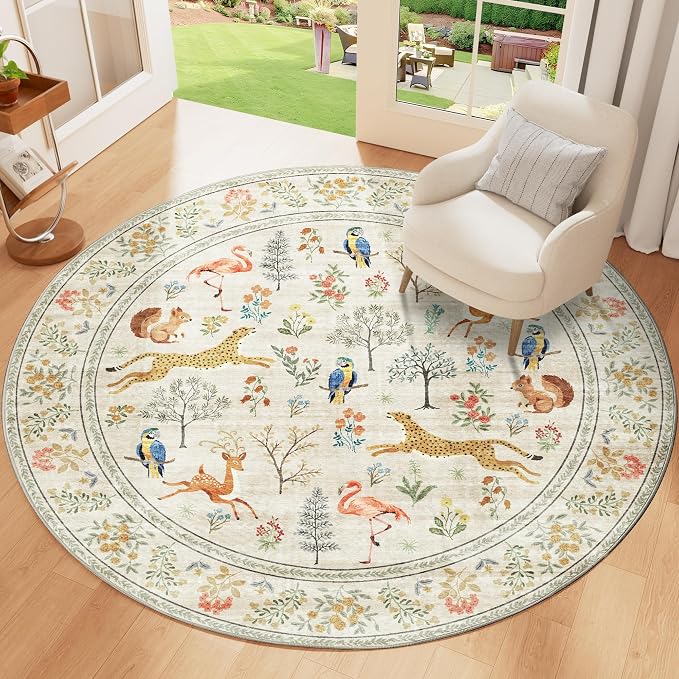 DUKINO 4ft Round Rug, Washable Round Area Rug, Non Slip Indoor Low Pile Animal