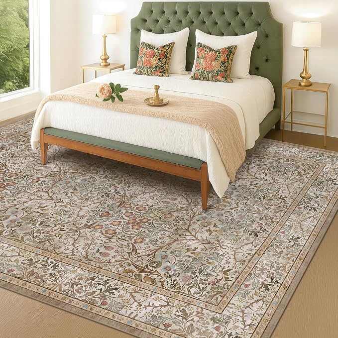 Hazo Haus Vintage Moss Green Living Room Rug, Neutral Taupe 8x10 Washable Area