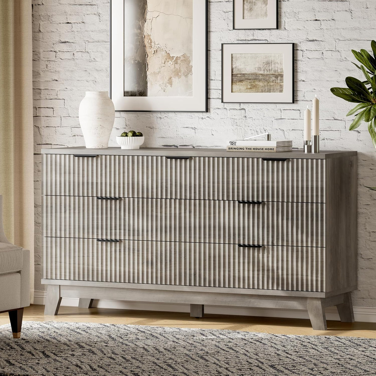 Xixini Fluted Dresser with 7 Drawers, 58" Wide Modern Chest of Drawers with Metal Handle, Wooden Dresser TV Stand, Wood Closet Clothes Storage Organizer for Bedroom, Living Room, Hallway, Light Grey