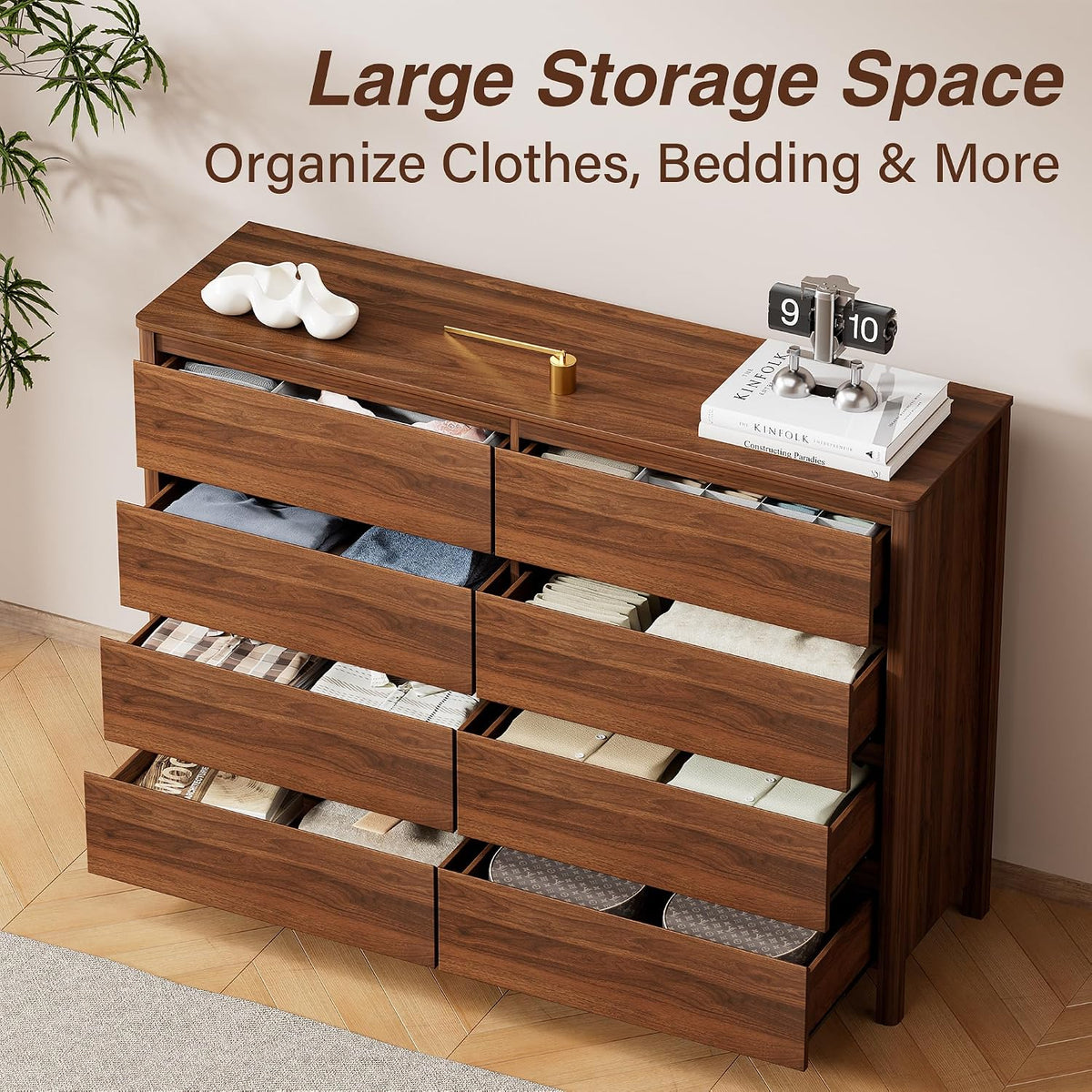 Furniway 55" Wide 8 Drawer Wood Dresser for Bedroom with Legs, Walnut
