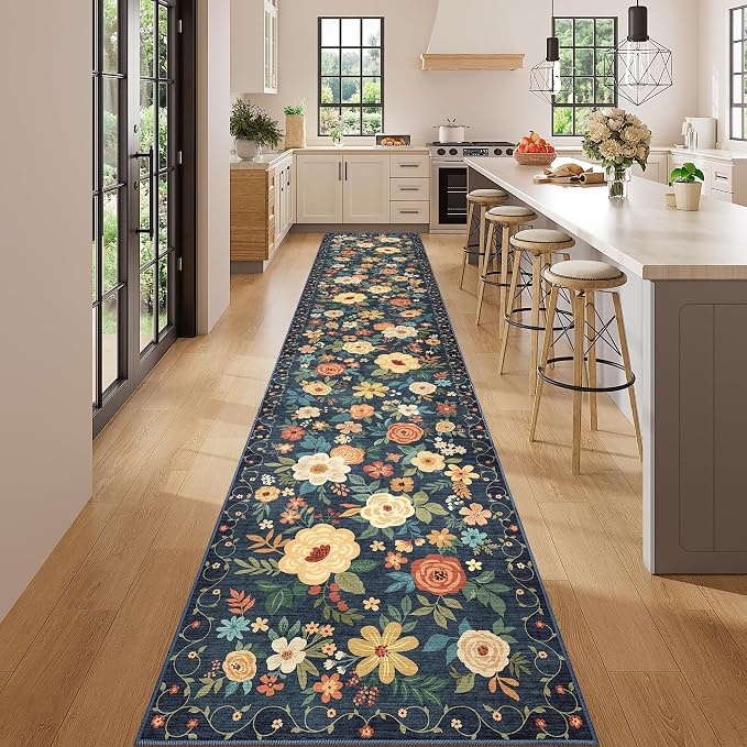 DUKINO 2.6x14 Kitchen Runner Rug, Lightweight Floral Washable Rug