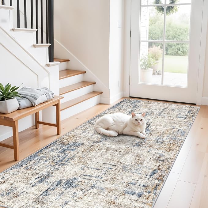 3x8 Washable Non-Slip Runner Rug Modern Abstract Neutral Wide Carpet Runner