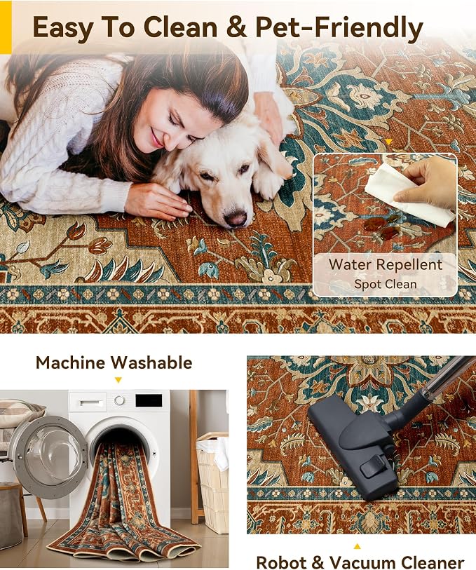 RELEANY Area Rugs 7'x10' Washable Non-Slip, Floral Vintage Distress Medallion