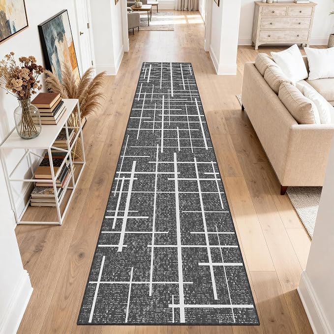 Non Slip Hallway Runner Rug 2.6x12, Modern Distressed Stripe, Washable Extra