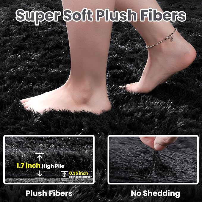 5x7 Area Rugs for Living Room: Ultra Soft Fluffy Shag Black Rug for Bedroom