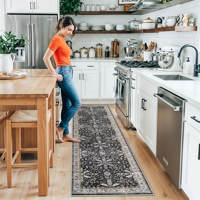 2x8ft Kitchen Rug Runners Washable Non Slip – Boho Floral Carpet Runner