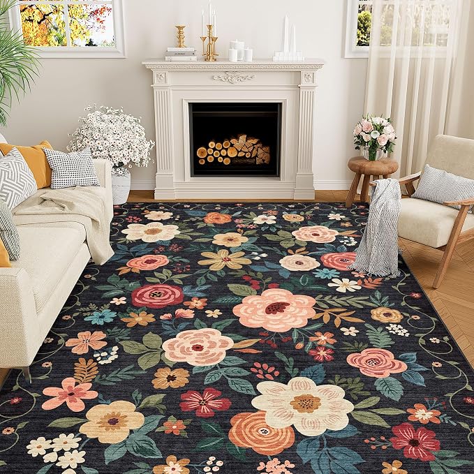 DUKINO 5x8 Area Rug for Living Room, Washable Lightweight Non Slip Floral