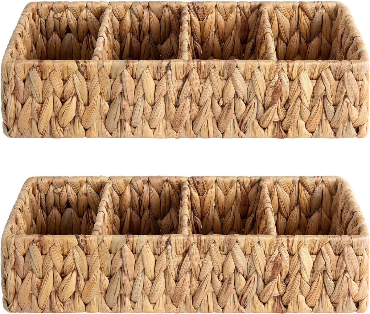 StorageWorks Small Wicker Basket for Organizing with 4-Section, Natural Water Hyacinth Storage Baskets with Dividers for Pantry Shelves, 2-Pack