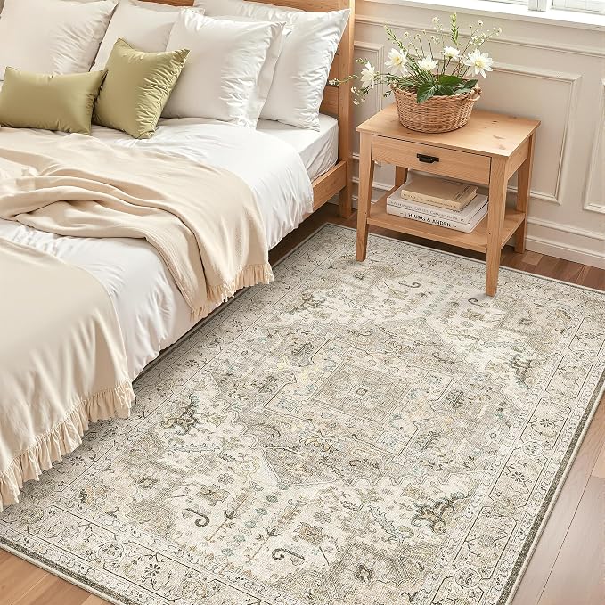 Madane Area Rug 4x6 Washable Rugs: Vintage Living Room Rug Soft Low Pile Non