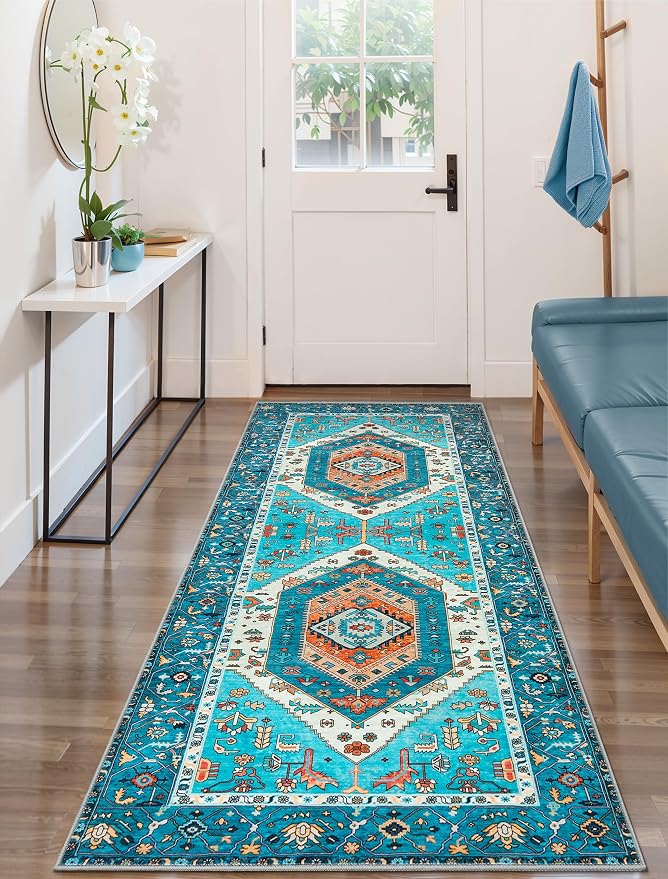 SERISSA Boho Washable Runner Rug, 2x6 Rug Runner Non-Slip Vintage Blue Hallway