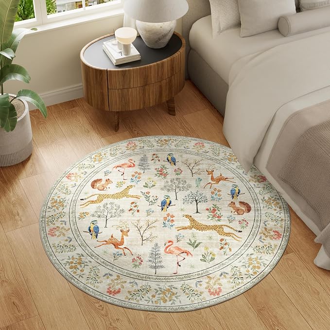 DUKINO 4ft Round Rug, Washable Round Area Rug, Non Slip Indoor Low Pile Animal