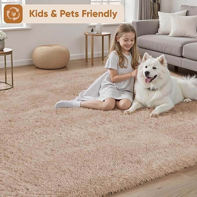 8x10 Area Rugs for Living Room Bedroom: Camel Soft Fluffy Shag Upgrade Non-Slip