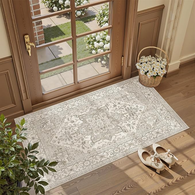Madane Washable Area Rug 2x4, Small Entryway Rug Non-Slip Vintage Door Mat
