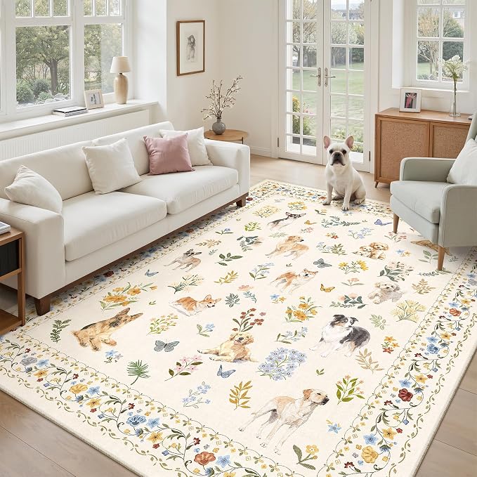 Soalmost Dog 6x9 Area Rugs for Living Room, Machine Washable Animal Floral