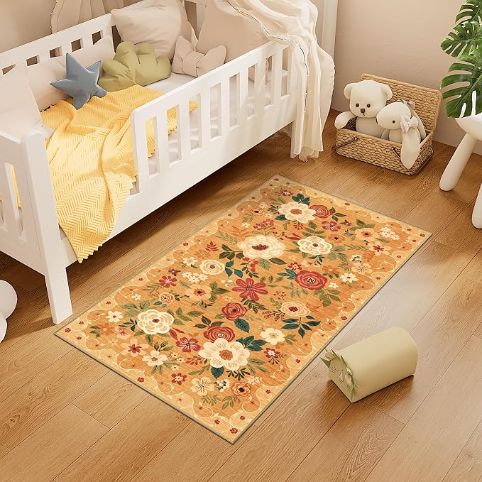 DUKINO 2x4 Rug for Entryway, Washable Kitchen Floral Runner Rug