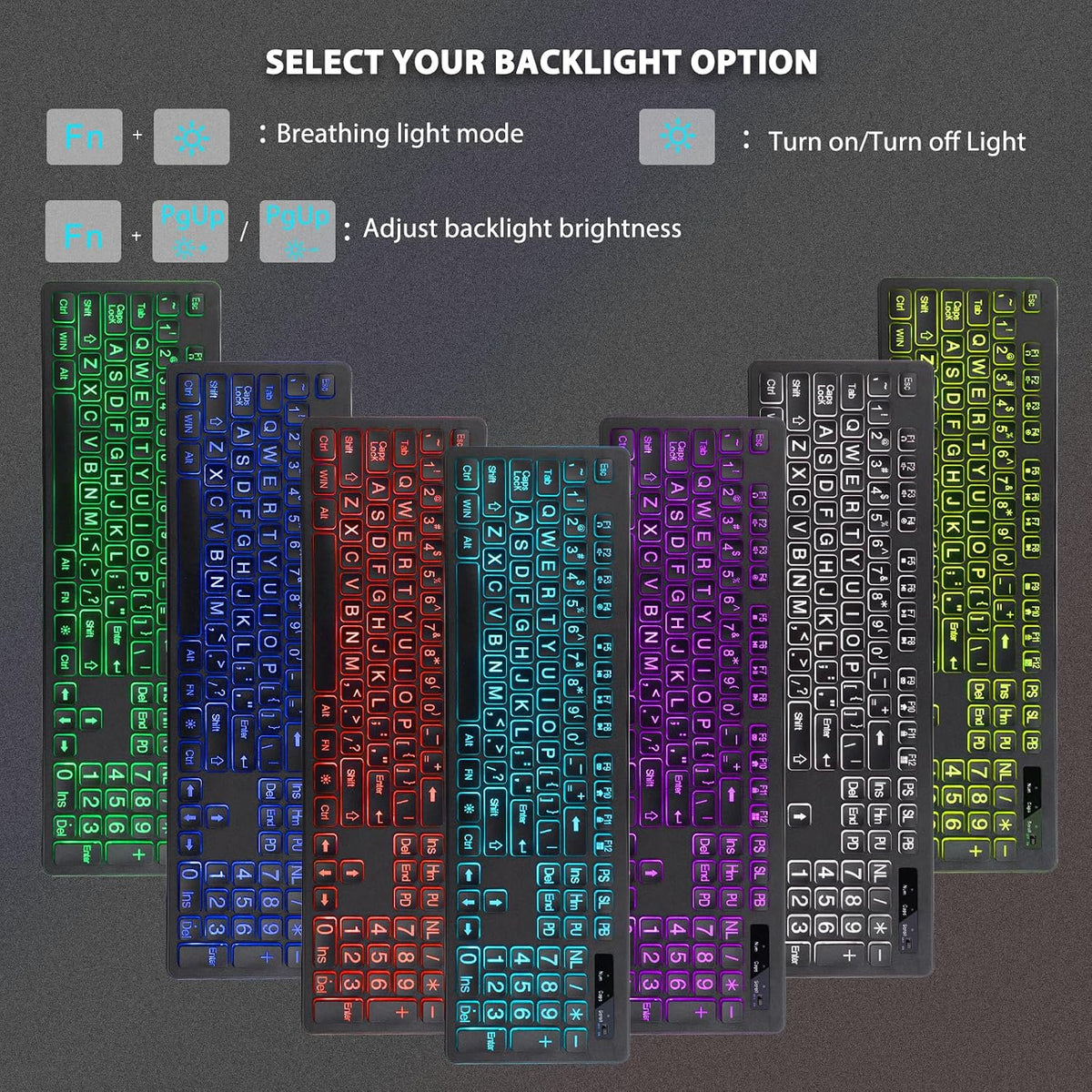 Light Up Keyboard and Mouse Wireless, Adjustable Brightness & Color, Rechargeable, Light Up Letters，2.4G USB Full Size Backlit Keyboard Mouse for Windows, PC, Laptop, Desktop, Gaming (Large Print)