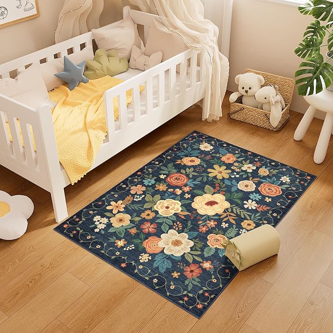 DUKINO 3x4 Area Rug, Lightweight Non Slip Washable Floral Rug, Indoor Low Pile
